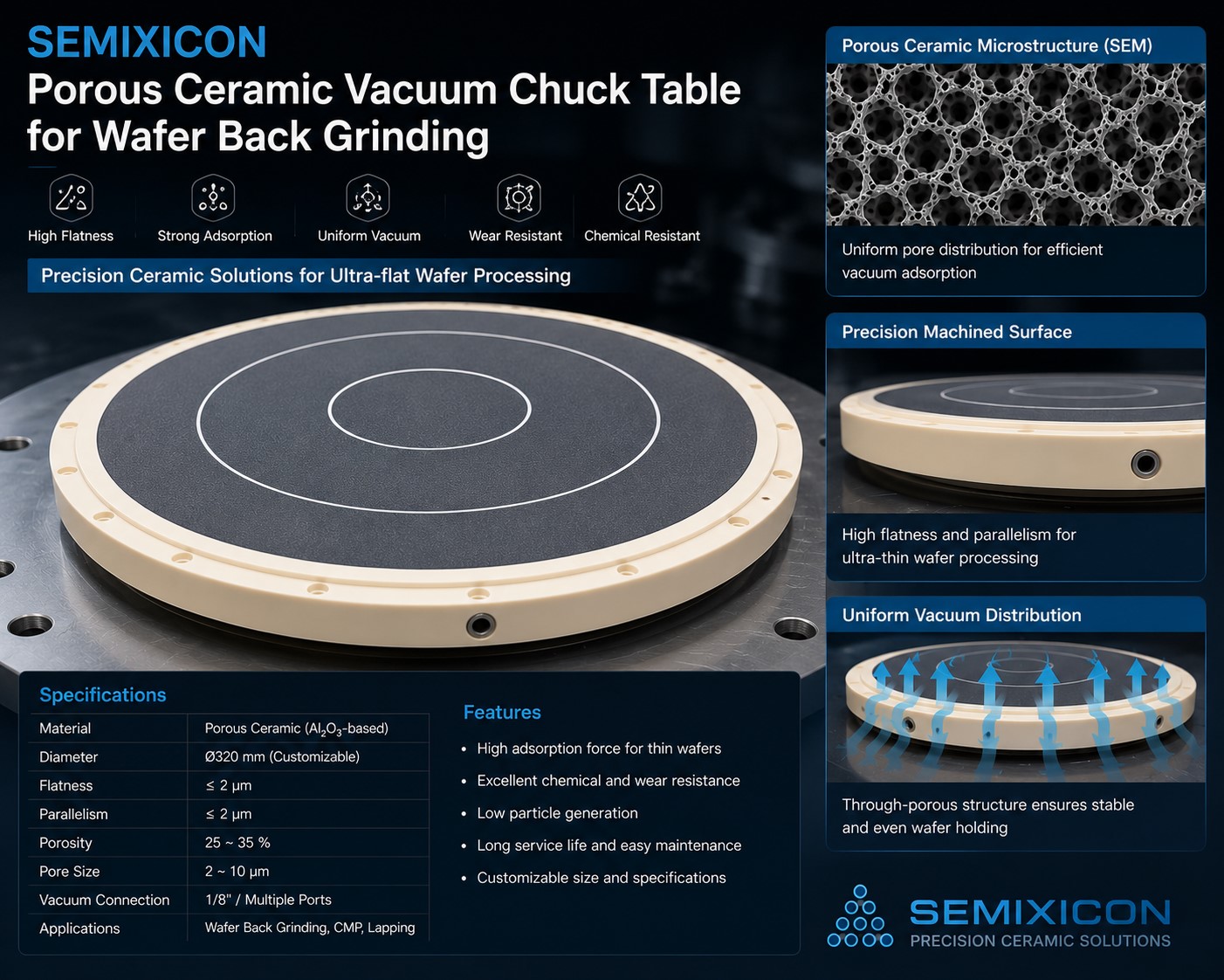 Wafer backgrinding chuck porous ceramic vacuum chuck table
